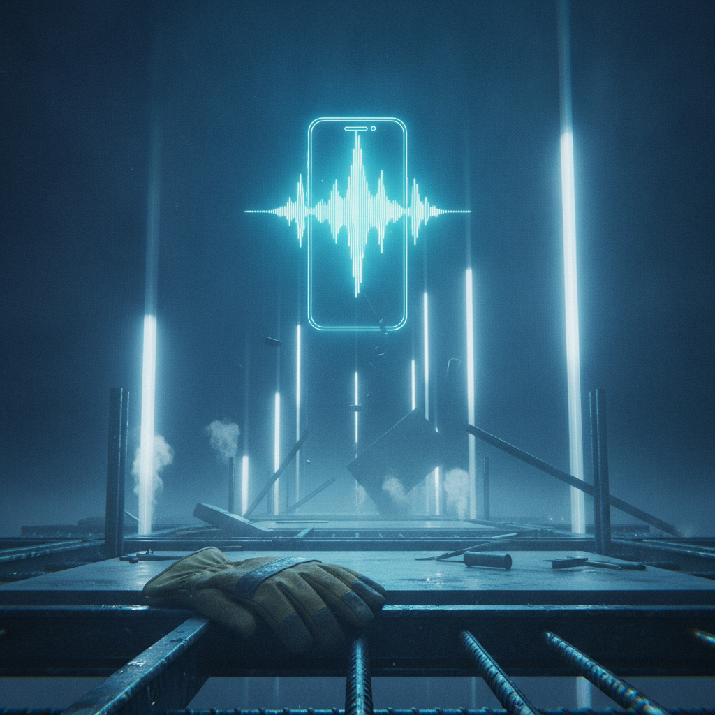 Vertical looking-up shot: worn glove on rebar in the foreground, volumetric cyan light shafts rising to a glowing soundwave phone monolith
