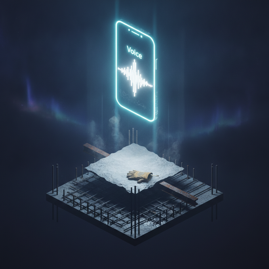 Isometric diorama: cold foundation of rebar and a worn glove lifting toward a glowing cyan Voice soundwave phone monolith, in a blue-black void